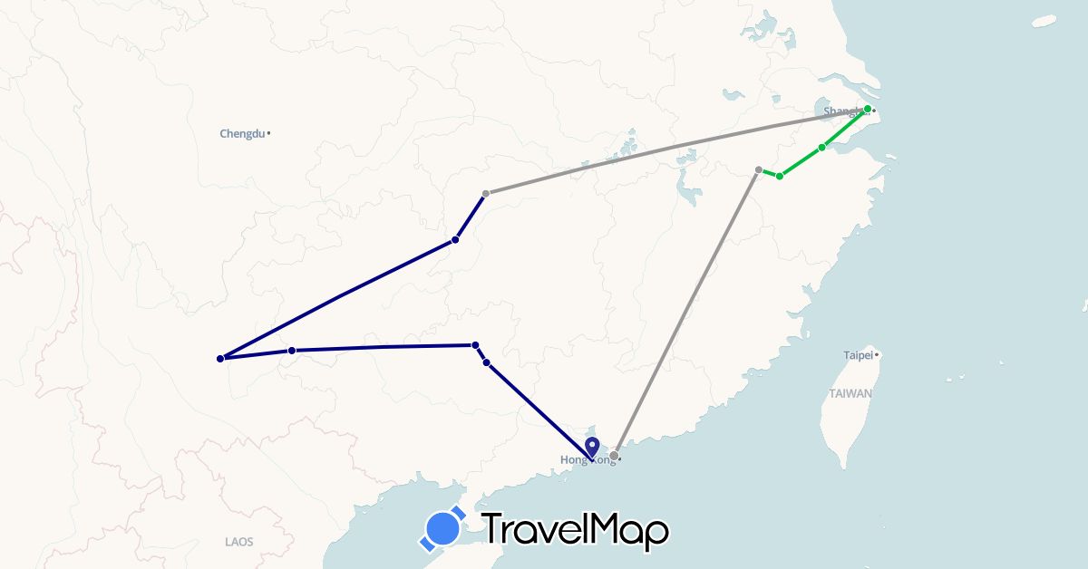 TravelMap itinerary: driving, bus, plane in China, Hong Kong, Macau (Asia)